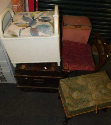A group of furniture, to include a domed metal chest, Lloyd Loom style linen basket, footstool,...