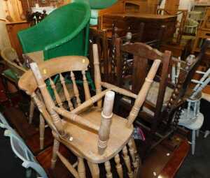 Various chairs, to include kitchen chairs, oak dining chairs, a green painted wicker chair, etc....