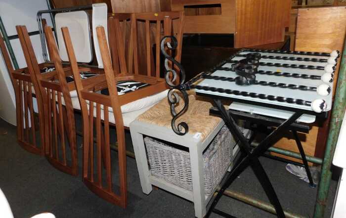 A group of furniture, to include a set of six dining chairs, a wrought iron boot stand, frosted...