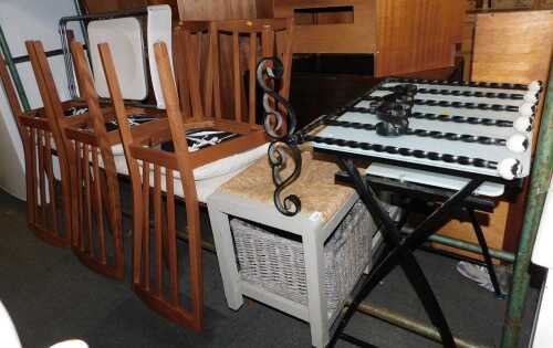 A group of furniture, to include a set of six dining chairs, a wrought iron boot stand, frosted...