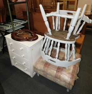 A group of furniture, to include a pair of painted kitchen chairs, white painted chest, a tartan...