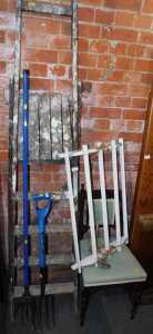 A wooden A frame ladder, together with a painted wooden pulley clothes airer, an Edwardian...
