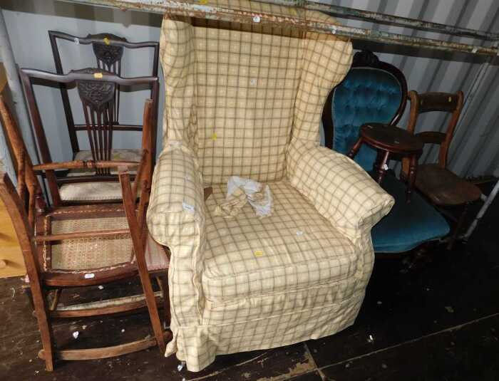 A wingback armchair, together with further chairs, country made oak chair, stool, etc. (a quantity)