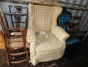 A wingback armchair, together with further chairs, country made oak chair, stool, etc. (a quantity)