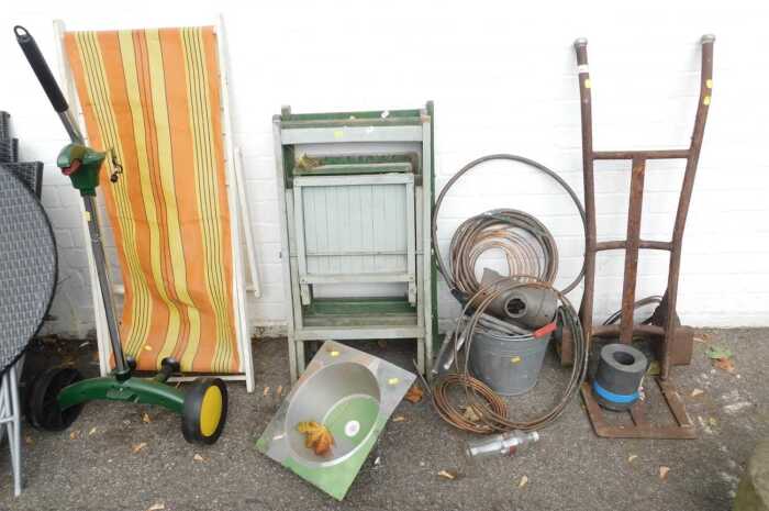 Copper pipe, together with a sack barrow, a roll of lead possibly for flashing, painted folding...