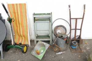 Copper pipe, together with a sack barrow, a roll of lead possibly for flashing, painted folding...