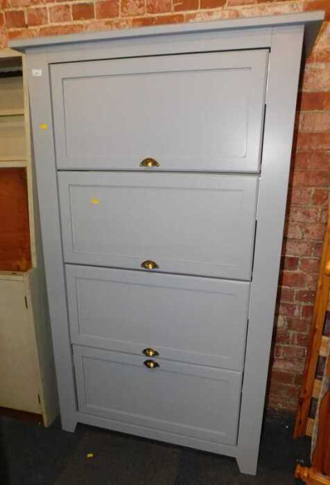 A pale blue grey painted cabinet, with four sliding cupboard doors, 270cm high, 102cm wide, 44cm...