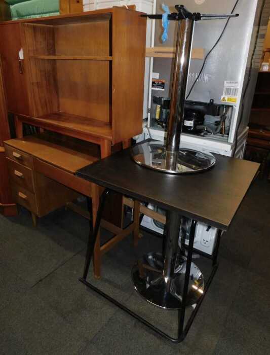 A teak open bookcase, together with a dressing table, various tables and a headboard. (a quantity)
