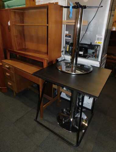 A teak open bookcase, together with a dressing table, various tables and a headboard. (a quantity)