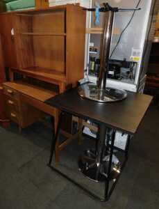A teak open bookcase, together with a dressing table, various tables and a headboard. (a quantity)