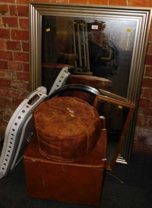 A silvered wall mirror, together with a folding laundry basket, a footstool, etc. (a quantity)