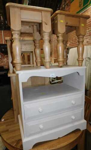Two pine occasional tables, 44cm high, together with a painted pine television table, with a...
