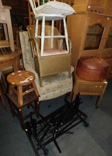 A group of furniture, to include a carved oak table, a footstool with a carved cat top, oak...