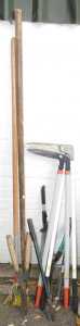 Garden tools, including lawn edgers, rake, hoe, hedge cutters, etc. (a quantity)