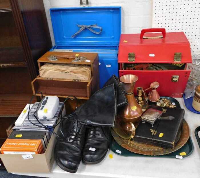 Miscellaneous items, to include records, CDs, a pair of black boots, brass, etc.