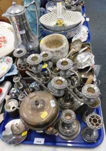 Silver plated cutlery, to include a galleried tray, a stone mortar, etc. (1 tray plus)