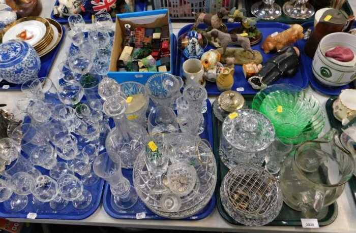 Assorted glassware, to include a cut glass biscuit barrel, wine glasses, decanter, etc. (4 trays)