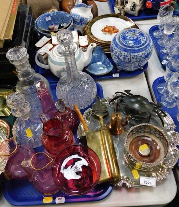 Miscellaneous items, to include a pair of cranberry tinted and gilt jugs, silver plated salver,...