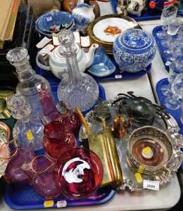 Miscellaneous items, to include a pair of cranberry tinted and gilt jugs, silver plated salver,...