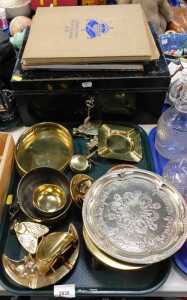 Miscellaneous items, to include a metal deed box, Coronation souvenir books, brass, etc. (1 tray...