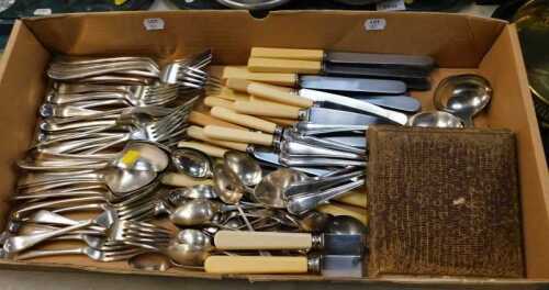 A quantity of silver plated cutlery, and various silver plated and stainless steel cutlery. (1 box)