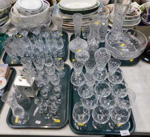 Glassware, including cut glass, vases, drinking glasses, a decanter, etc. (4 trays)