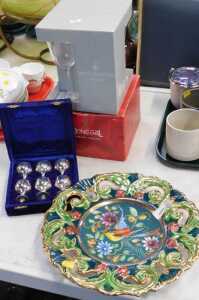 A Belgian wall plaque decorated with birds and flowers, together with a Donegal China box,...