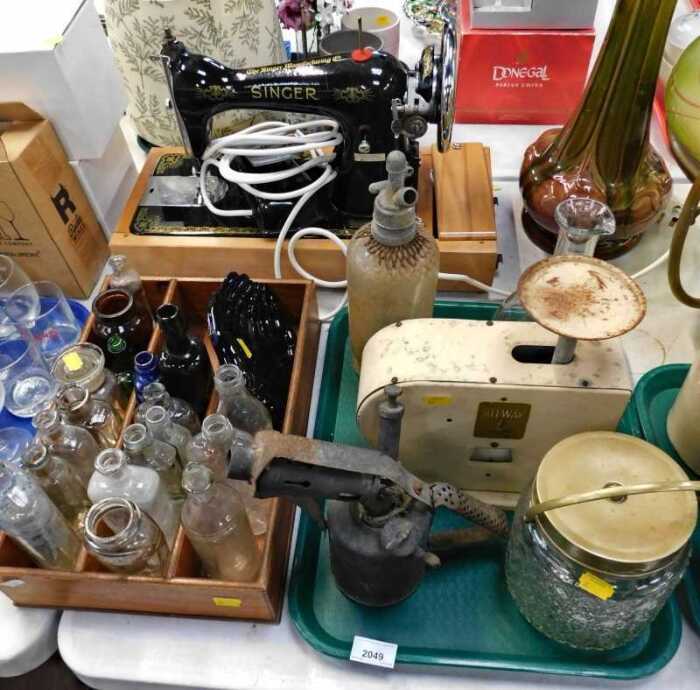 Miscellaneous items, to include sewing machine, scales, soda syphon, blue glass hands shaped...