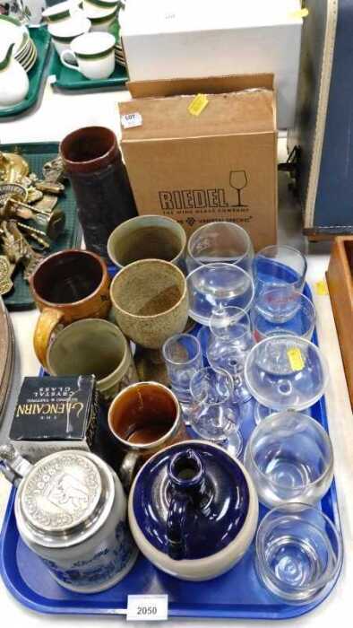 Miscellaneous glass, to include Riedel, a Mugridge studio pottery mug, beer stein, etc.