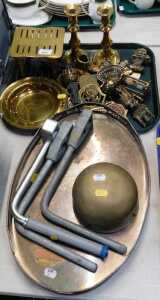 Miscellaneous brass, to include door knocker, trivet, candlesticks, a brass warning bell, silver...