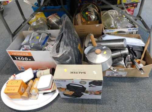 Miscellaneous items, to include kitchen pans, Thermos flasks, videos, small chamber pot, etc....
