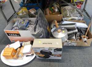 Miscellaneous items, to include kitchen pans, Thermos flasks, videos, small chamber pot, etc....