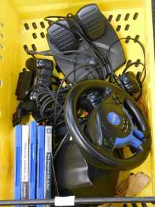 Various Playstation 2 games, together with a Logic3 Topdrive wheel, pedals, controller etc. (1 box)