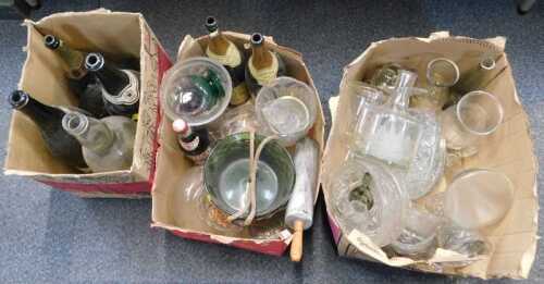 Glassware, including magnum Champagne bottles (lacking contents), glass bowls, rolling pin,...