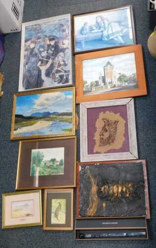 Assorted pictures and prints, umbrellas, coastal scenes, etc. (1 box)