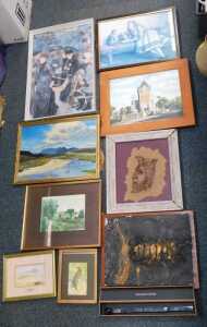 Assorted pictures and prints, umbrellas, coastal scenes, etc. (1 box)