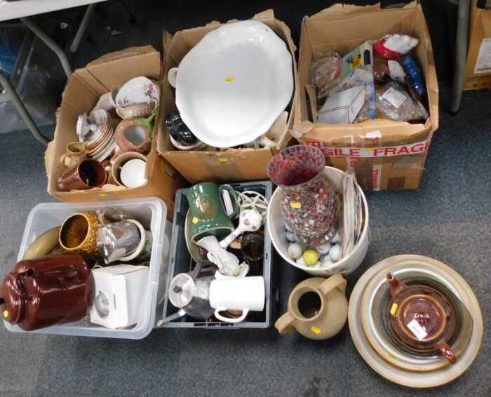 Miscellaneous items, to include large brown enamel teapot, china, kitchen items, etc. (contents...