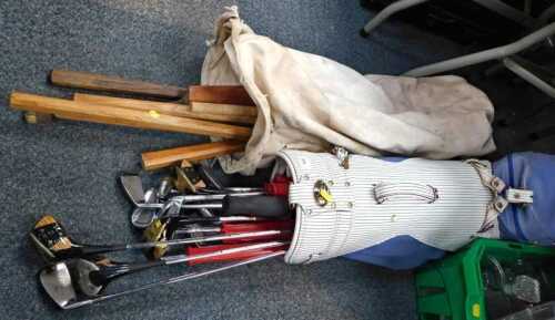 Sporting equipment, including vintage Lady Craig golf clubs, croquet mallets, cricket bat, etc....