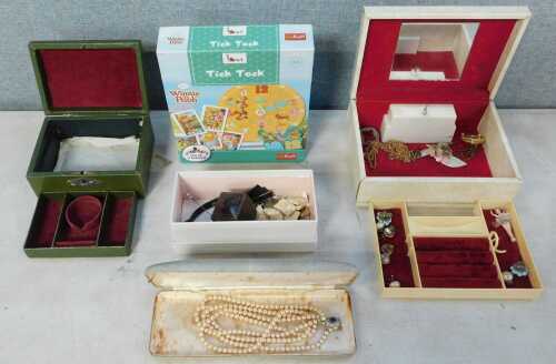 A green simulated leather jewellery box, Lotus brand simulated pearls, costume jewellery, silver...