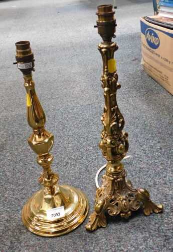 A brass effect table lamp, and a similar table lamp with scroll decoration. (2)