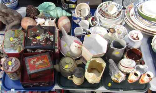 General household effects, to include various bygone tins, carved wooden duck, shells to include...