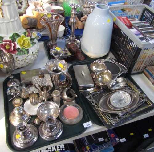 Plated wares and other metalwares, to include squat candlesticks, trumpet vase, goblet, various...