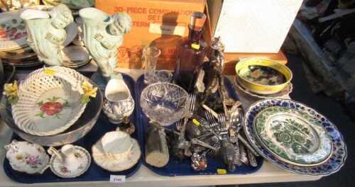 General household effects, to include loose Kingsware flatware, purple tinted glass decanter,...