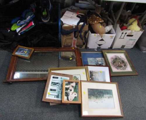 Textiles, to include jackets, various shoes, soft toys, a walnut and parquetry inlaid overmantel...