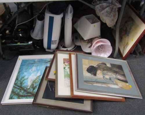 A Shark Lift Away upright vacuum cleaner, together with various electric heaters, table lamps,...