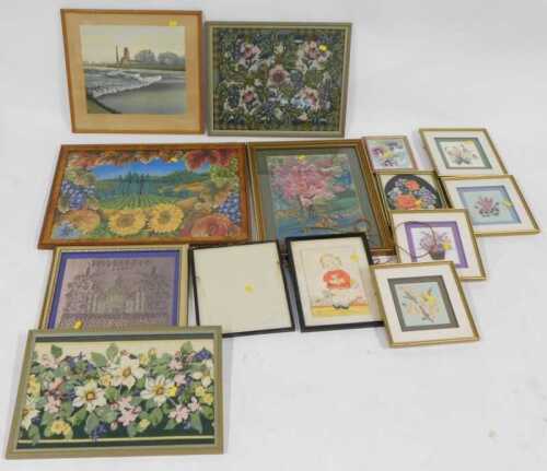 Pictures and prints, to include floral embroideries, etc. (a quantity)