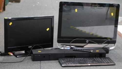 A HP Envy 23 computer monitor, a Digi Home 18" television, associated items, etc. (a quantity)