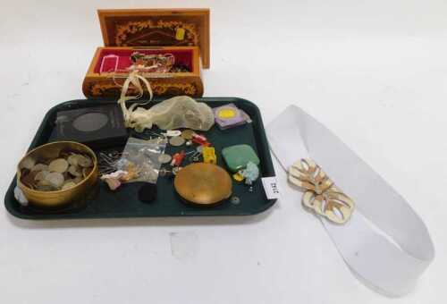 World coinage, together with costume jewellery, gold plated bracelet, enamelled parrot brooch,...