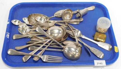 Plated and other flatware, to include Fiddle pattern table forks, teaspoons, a brass Vesta case,...