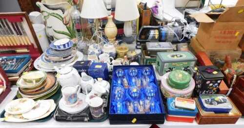 General household effects, to include various tins, boxed wine glasses, commemorative wares, an...